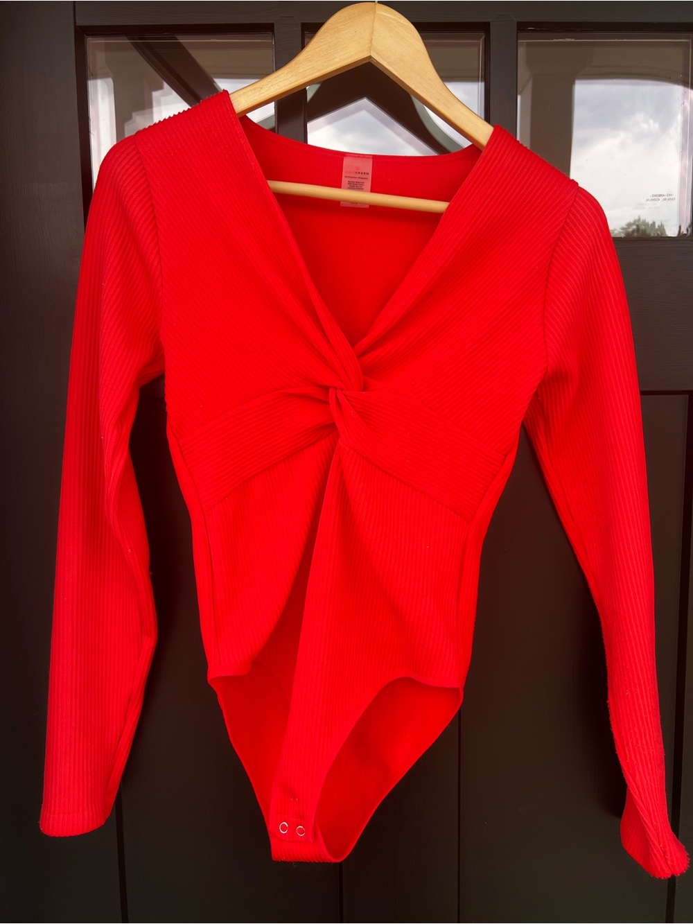 Love Charm Orange Ribbed Twist-Front Long Sleeve Bodysuit Women's M/L